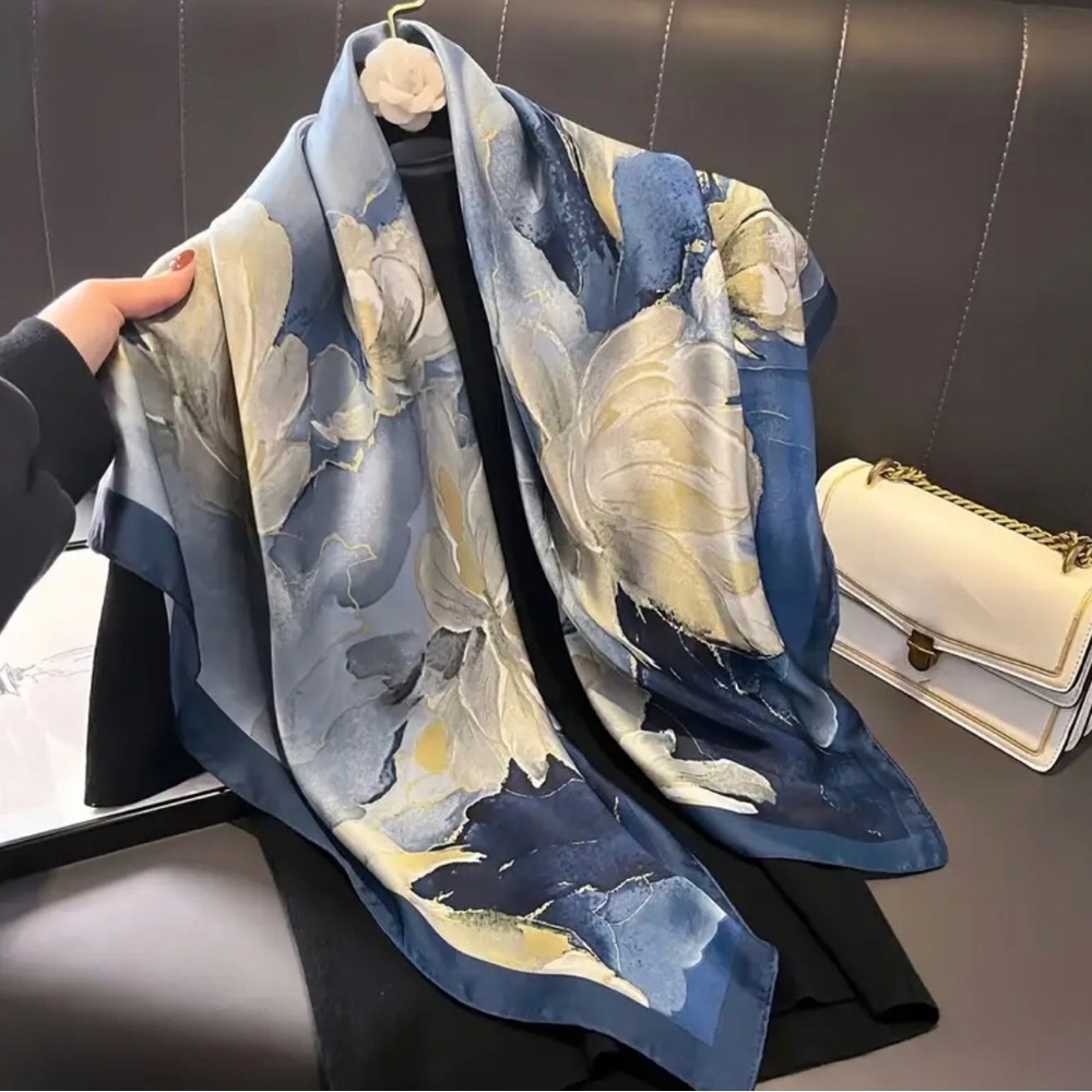 One in stock Large Square Scarf High End Soft Floral Blue 35” x 35” - Picture 4 of 6